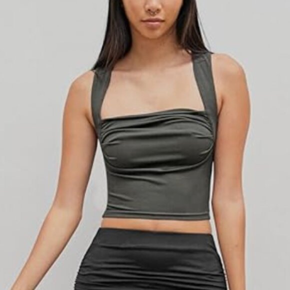 CIDER Dark Grey Ruched Square Neck Crop Tank Top | Size S - Picture 3 of 5